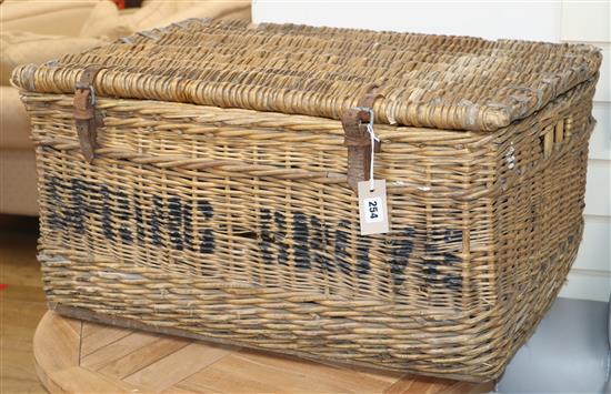 A wicker laundry basket